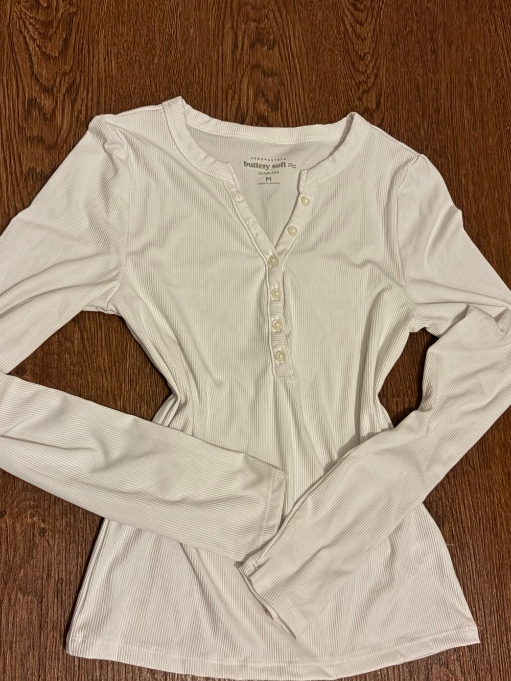 Aeropostale Women's White Ribbed Henley Long Sleeve Top